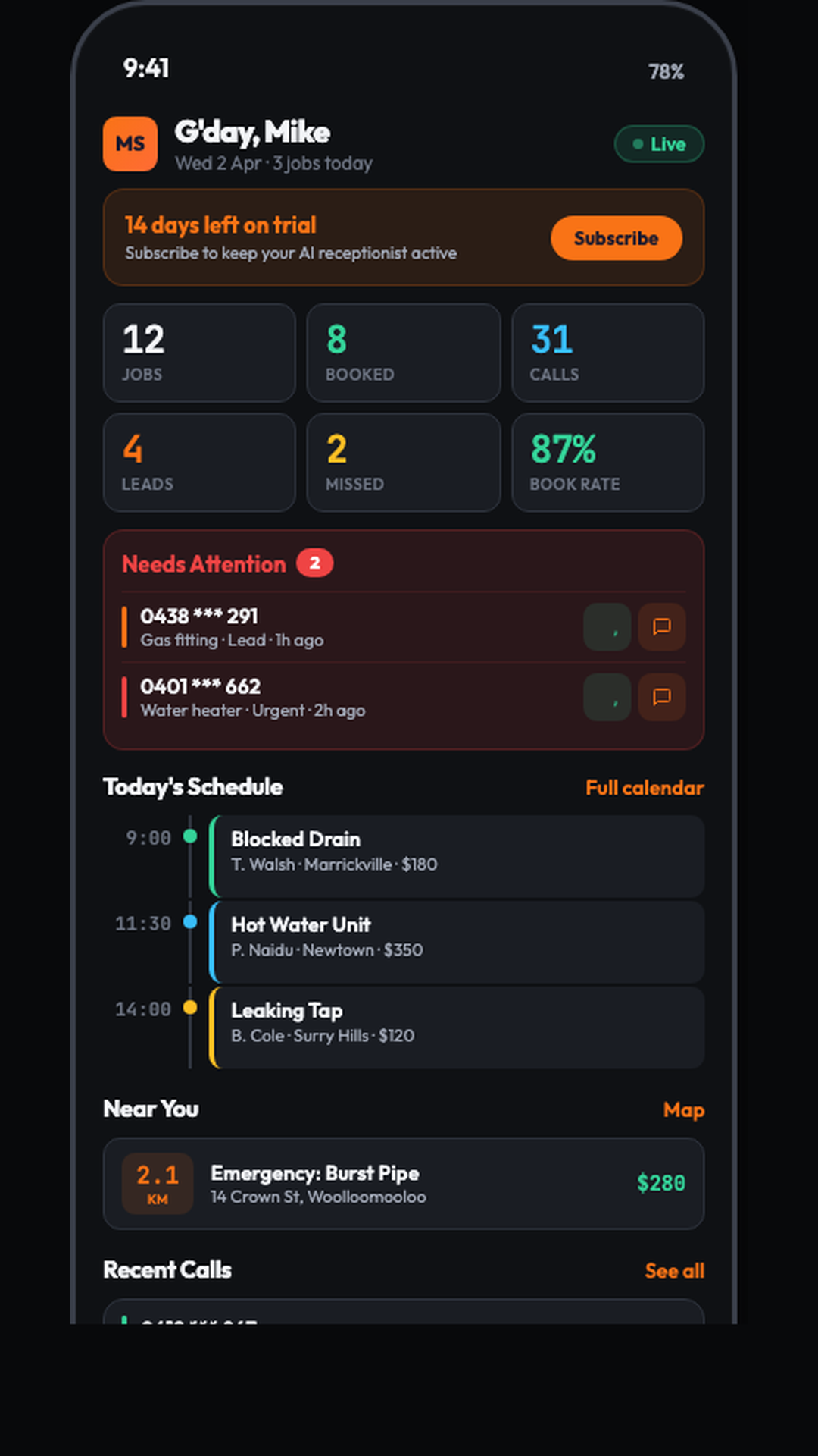 Smoko dashboard demonstration with example activity and schedule data