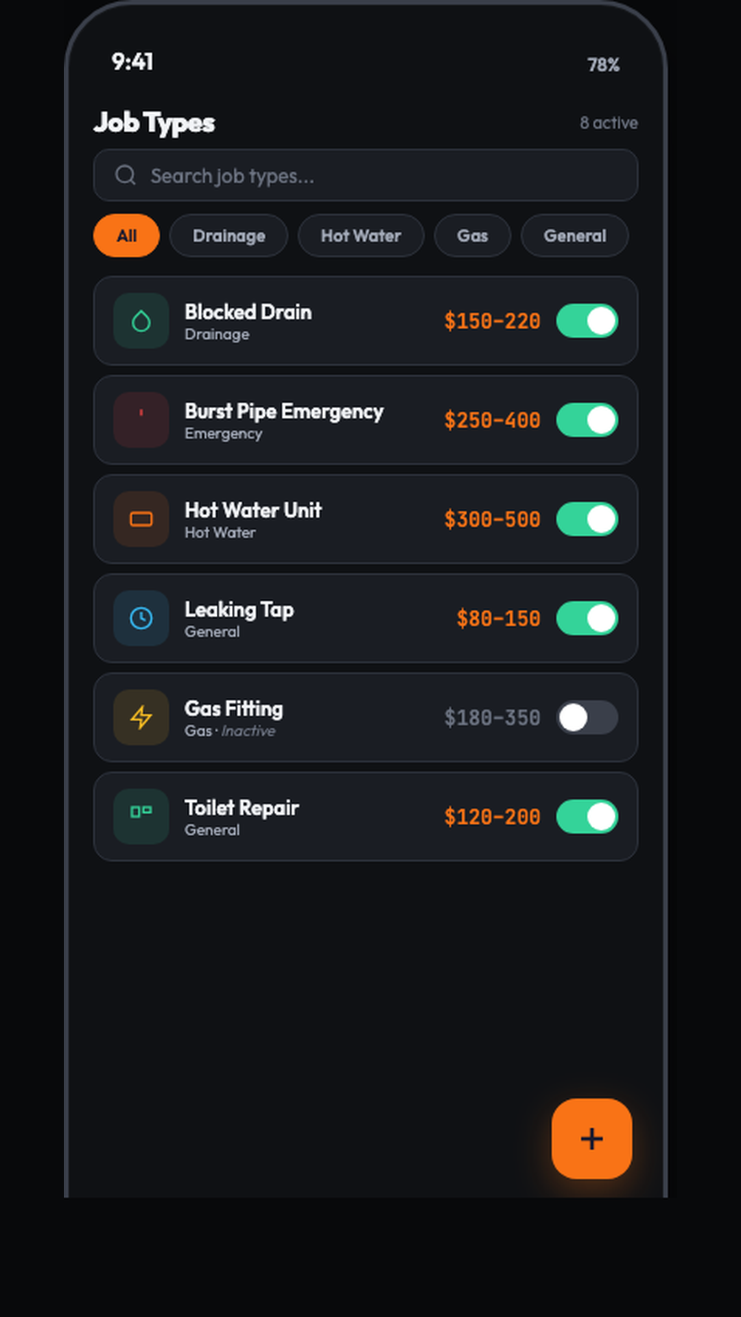 Job types list with price ranges like Blocked Drain $150-220, toggle switches to enable or disable each job type